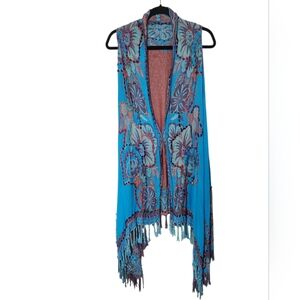 Turquoise Vibrant Floral Embroidered Long Fringed Vest One Size